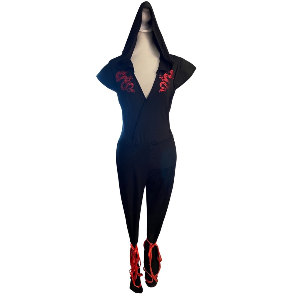 AMSCAN Ninja Dragon Jumpsuit Costume Black & Red Hooded Women’s Medium 6-8 NWOT - Picture 2 of 8